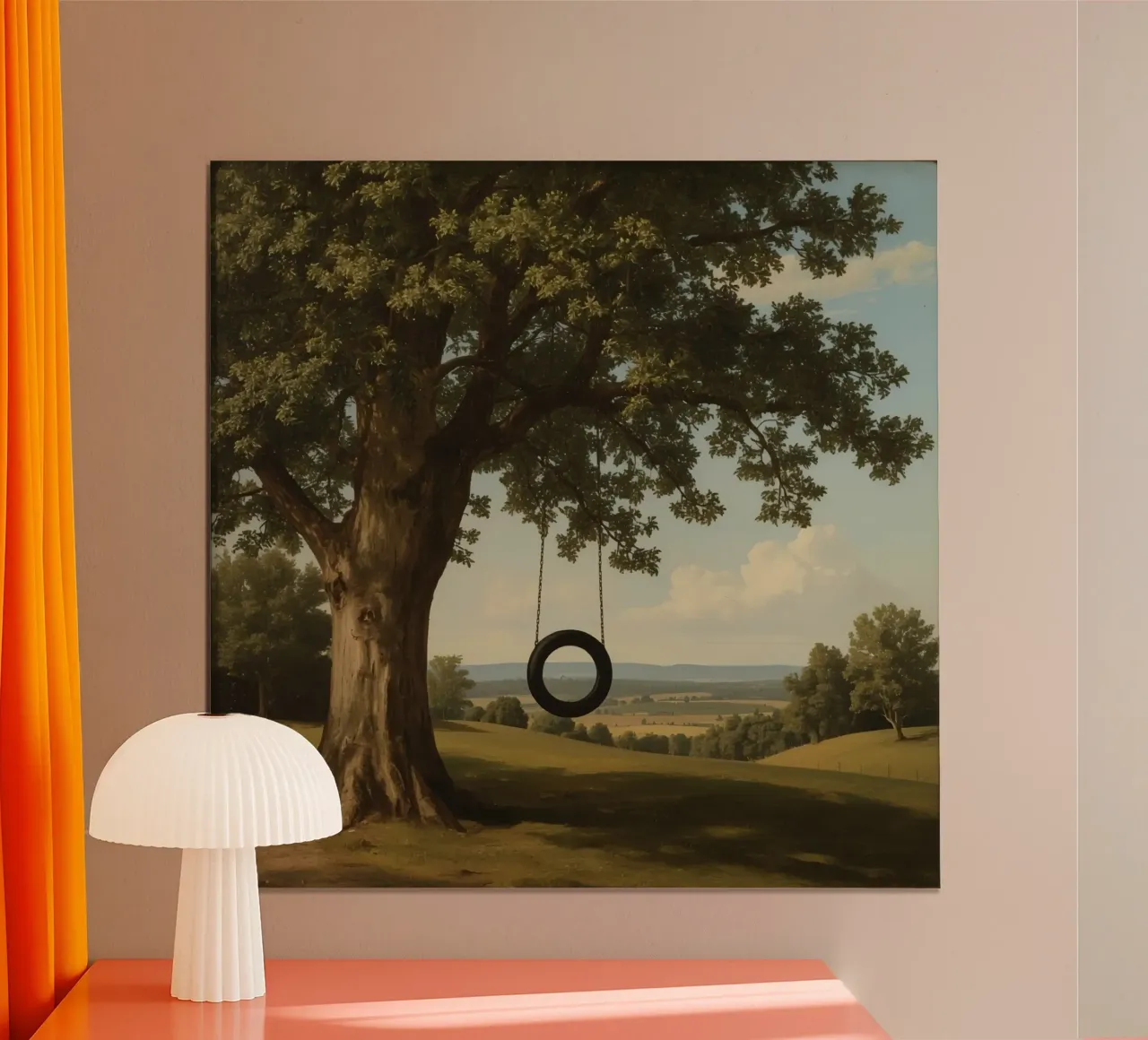 Un columpio de neumático cuelga de un roble con vistas a un terreno cubierto de hierba poster de DesignDoodle
