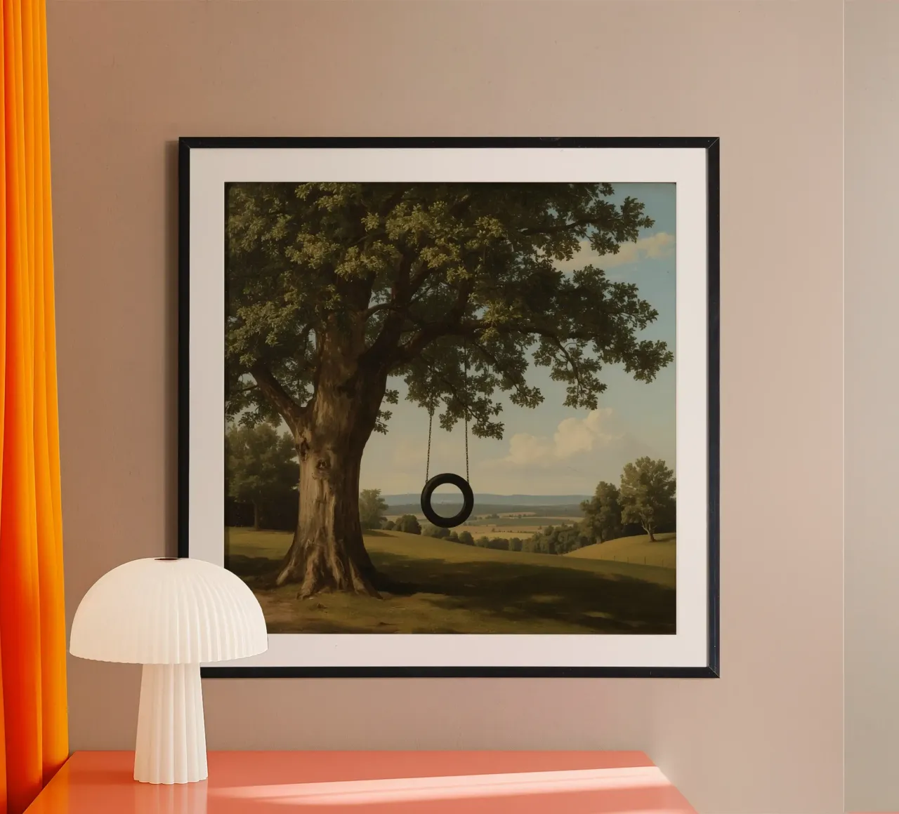 Un columpio de neumático cuelga de un roble con vistas a un terreno cubierto de hierba poster de DesignDoodle