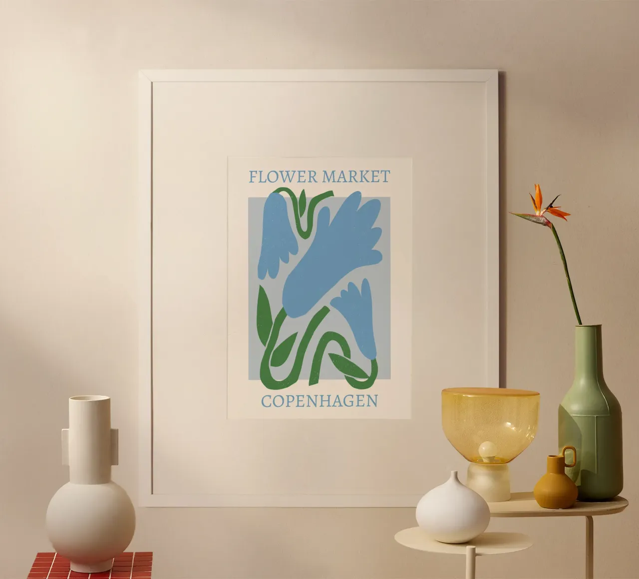 Mercado de las flores de Copenhague - Impresión artística abstracta de una flor azul poster con marco de madera de homdeco