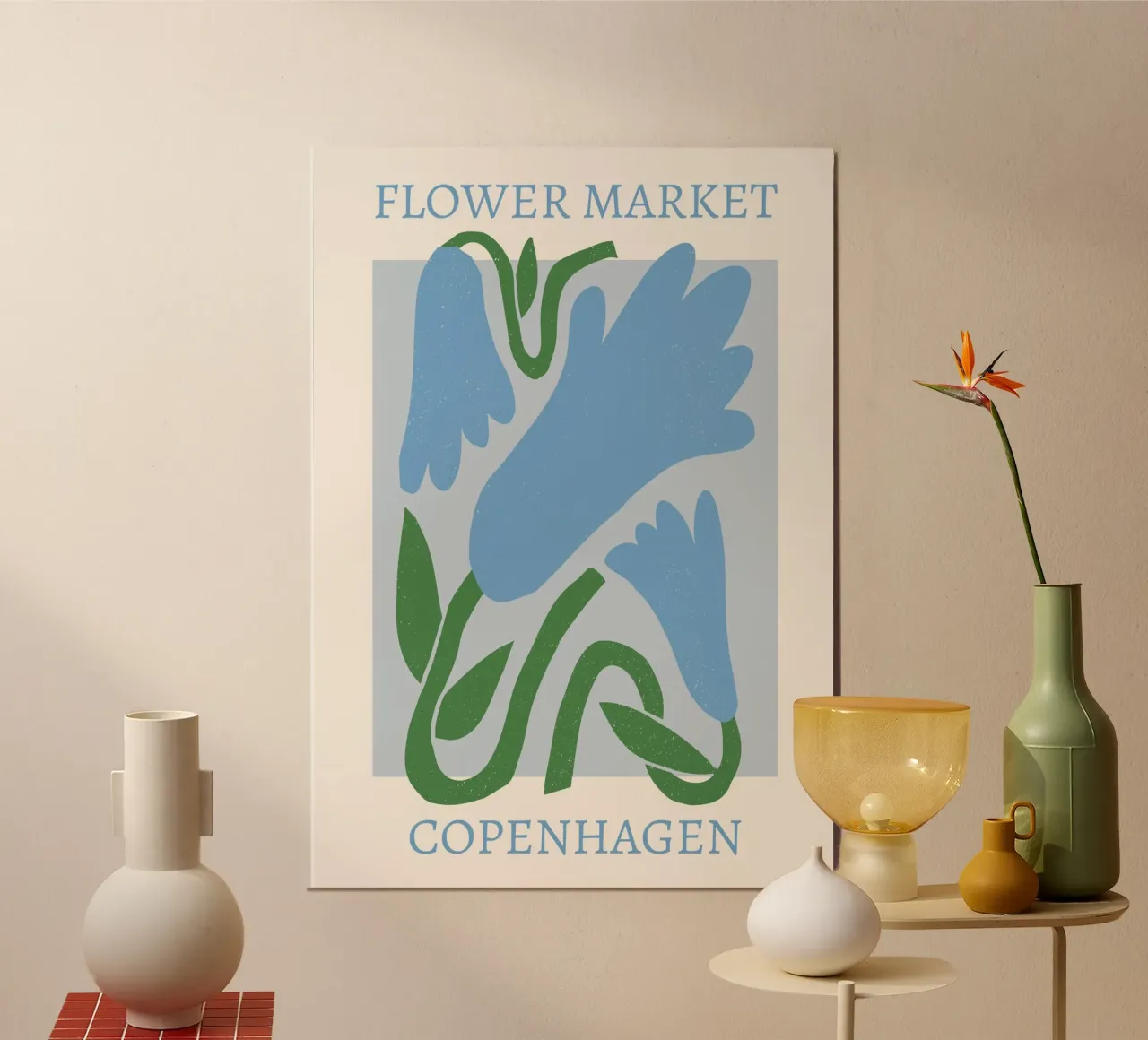 Mercado de las flores de Copenhague - Impresión artística abstracta de una flor azul poster con marco de madera de homdeco