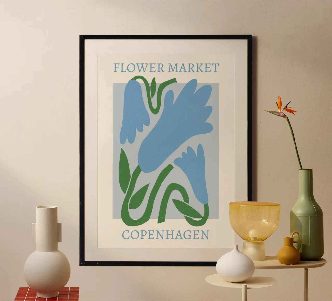 Mercado de las flores de Copenhague - Impresión artística abstracta de una flor azul poster con marco de madera de homdeco