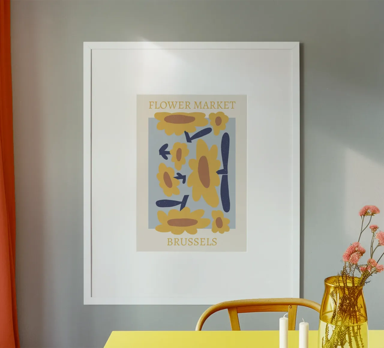 Mercato dei fiori di Bruxelles - Stampa floreale astratta gialla poster con telaio in plastica da homdeco