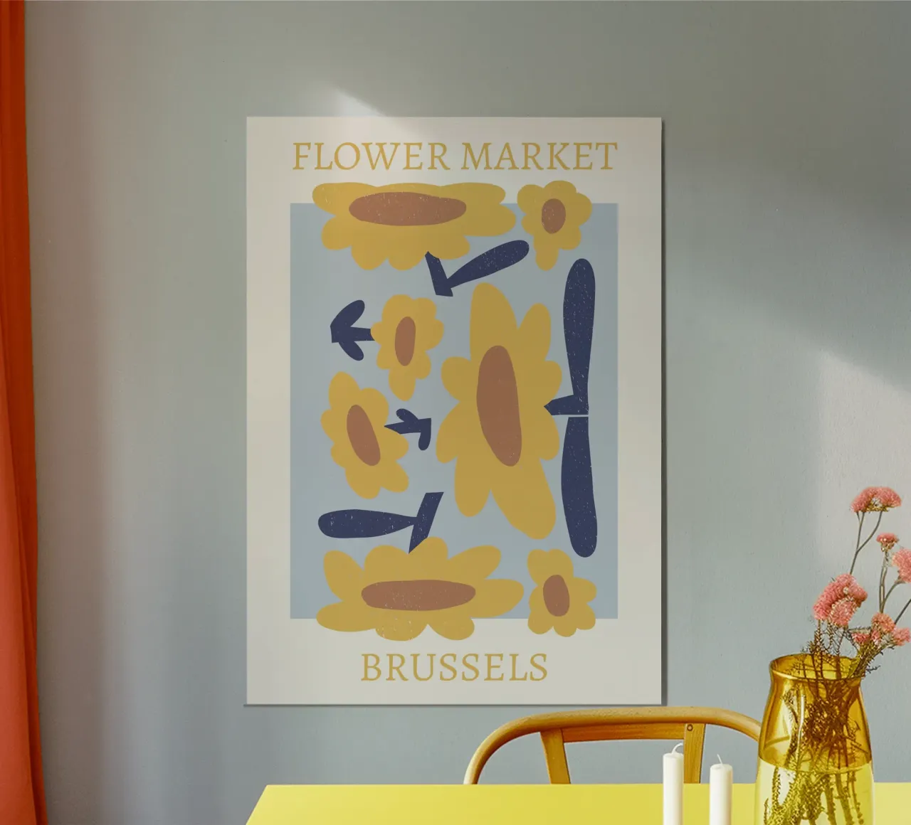 Mercato dei fiori di Bruxelles - Stampa floreale astratta gialla poster con telaio in plastica da homdeco