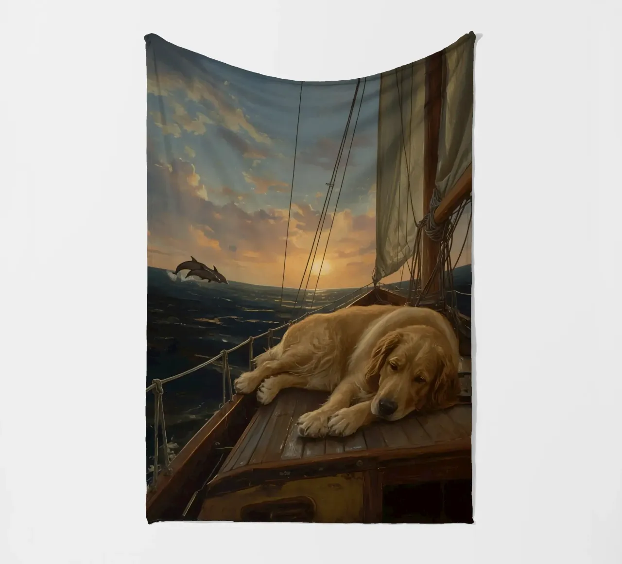 Golden Retriever ruht sich auf einem Segelboot aus, während ein Delphin springt Fleecedecke von DesignDoodle