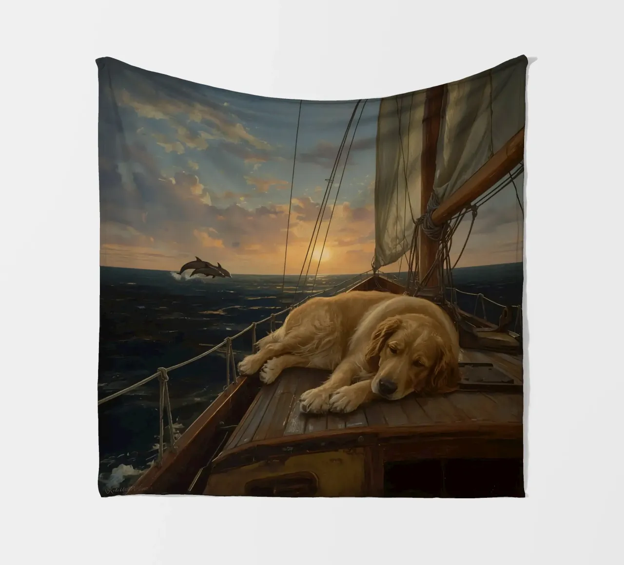 Golden Retriever ruht sich auf einem Segelboot aus, während ein Delphin springt Fleecedecke von DesignDoodle