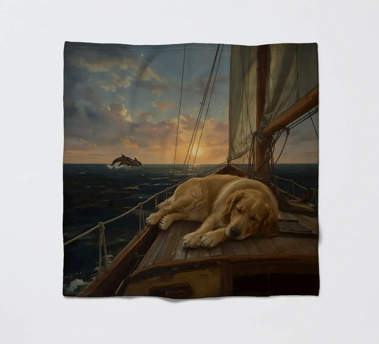 Golden Retriever ruht sich auf einem Segelboot aus, während ein Delphin springt Fleecedecke von DesignDoodle