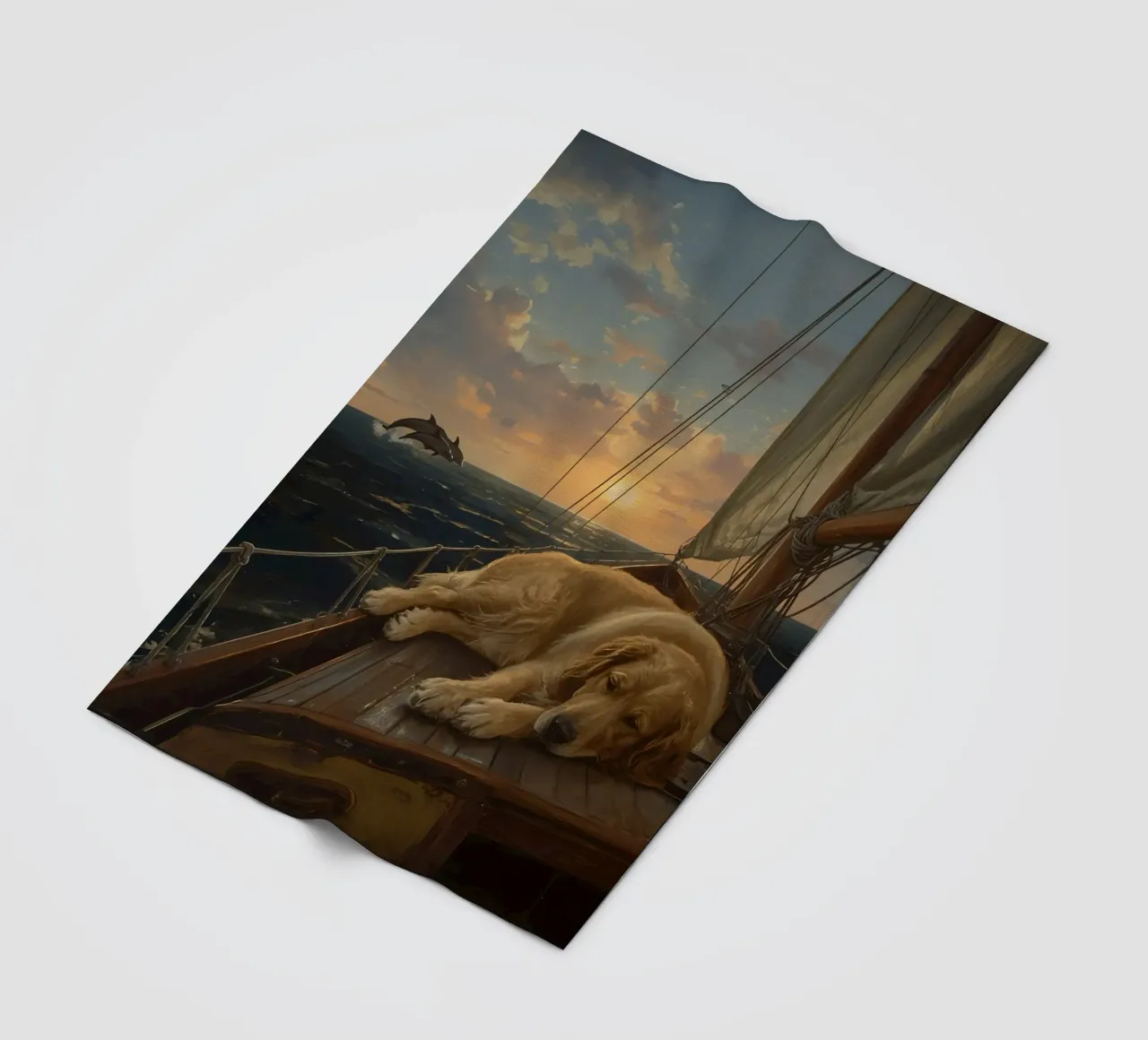 Golden Retriever ruht sich auf einem Segelboot aus, während ein Delphin springt Fleecedecke von DesignDoodle