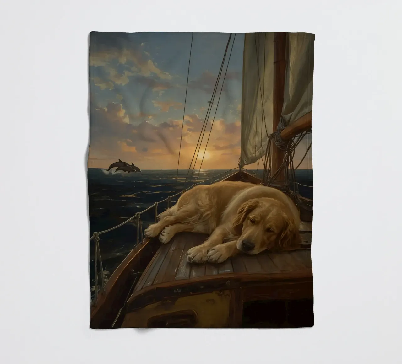 Golden Retriever ruht sich auf einem Segelboot aus, während ein Delphin springt Fleecedecke von DesignDoodle