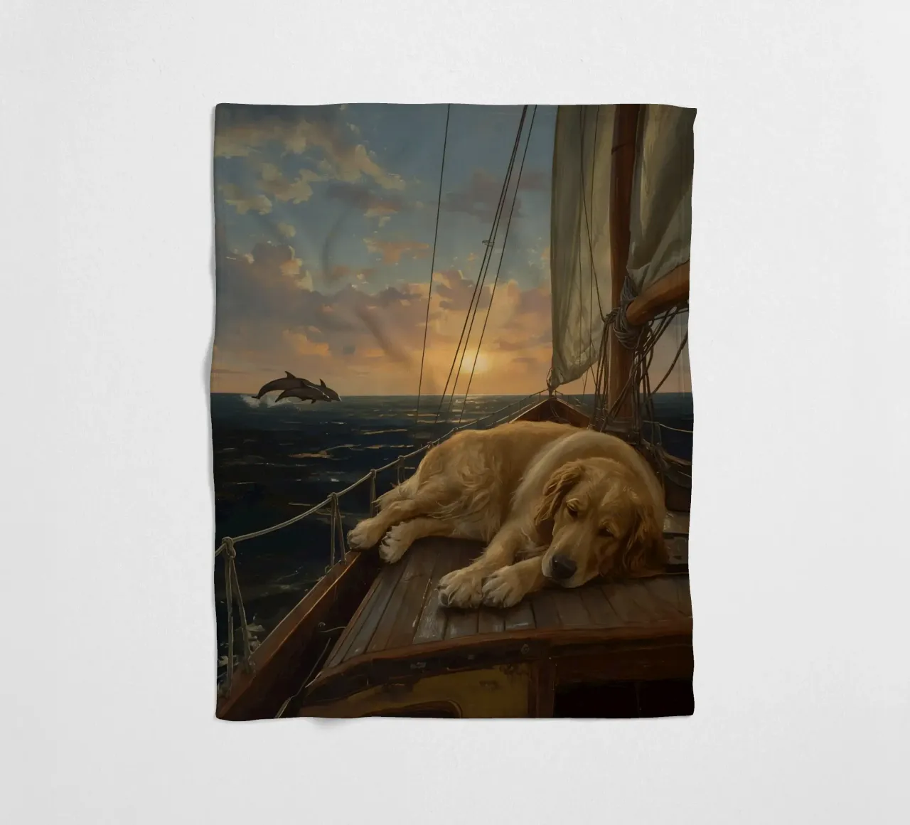 Golden Retriever ruht sich auf einem Segelboot aus, während ein Delphin springt Fleecedecke von DesignDoodle