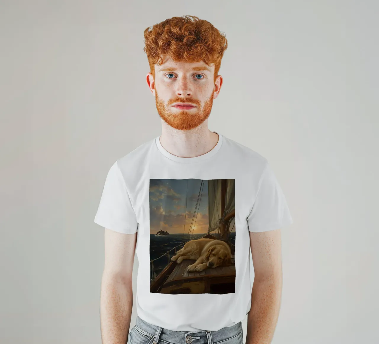 Golden Retriever ruht sich auf einem Segelboot aus, während ein Delphin springt T-Shirt von DesignDoodle