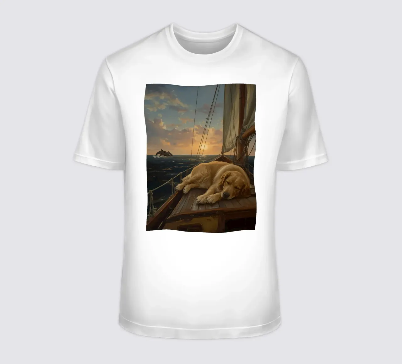 Golden Retriever ruht sich auf einem Segelboot aus, während ein Delphin springt T-Shirt von DesignDoodle
