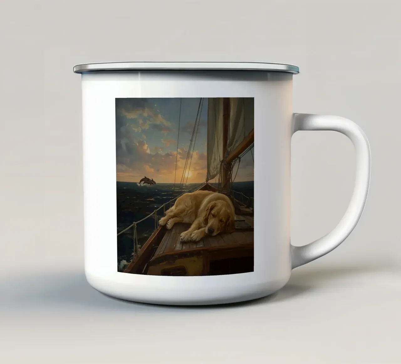 Golden retriever rust uit op een zeilboot terwijl een dolfijn springt emaille mok van DesignDoodle