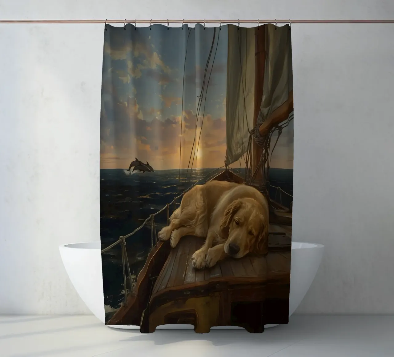 Golden Retriever ruht sich auf einem Segelboot aus, während ein Delphin springt Duschvorhang von DesignDoodle