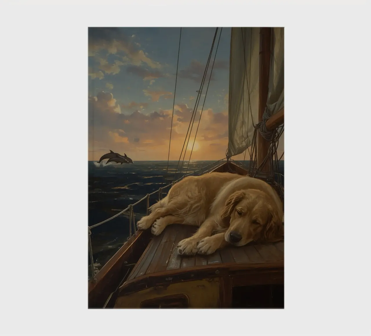 Golden retriever rests on a sailboat as a dolphin leaps notebook by DesignDoodle