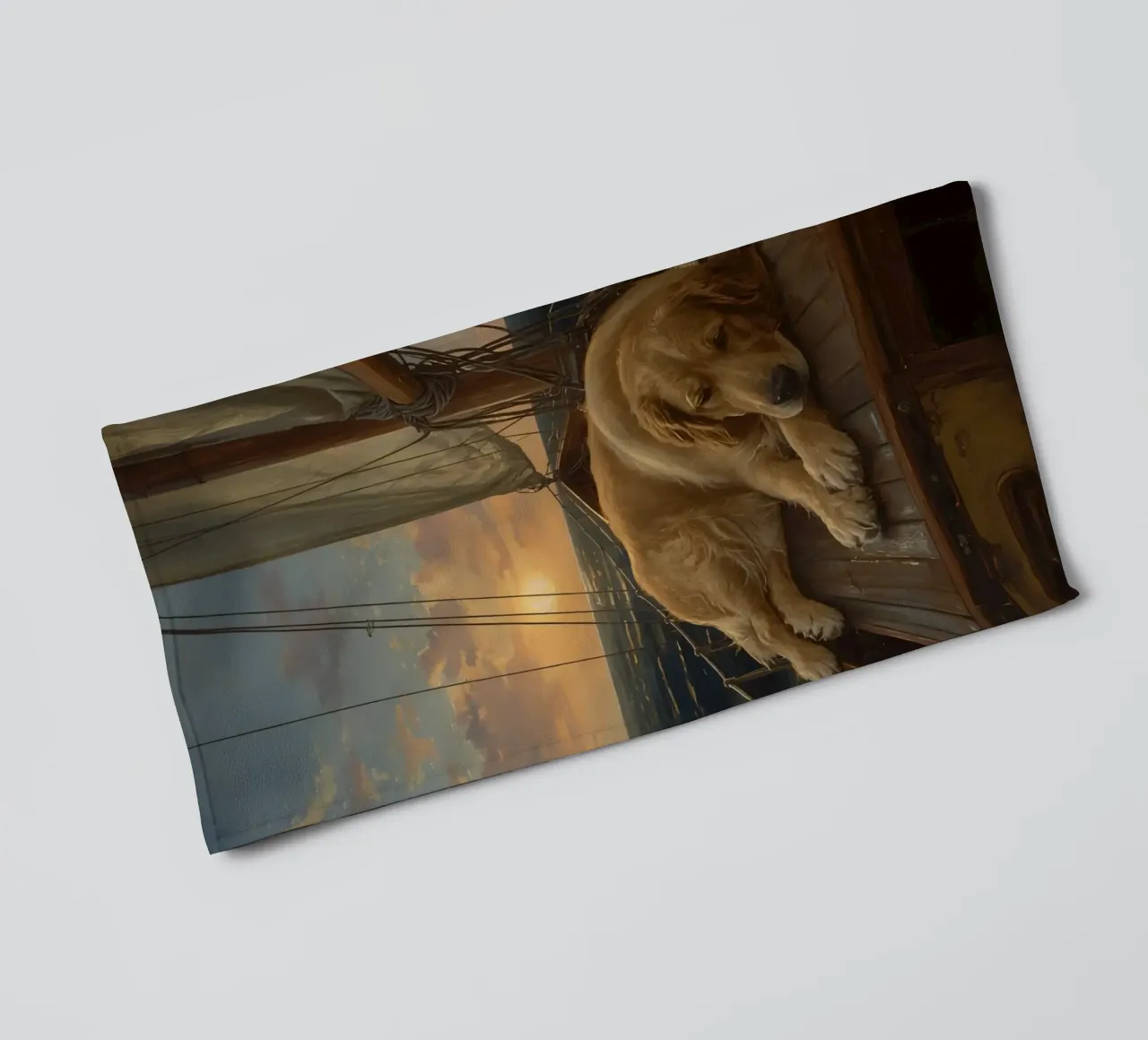 Golden Retriever ruht sich auf einem Segelboot aus, während ein Delphin springt Handtuch von DesignDoodle
