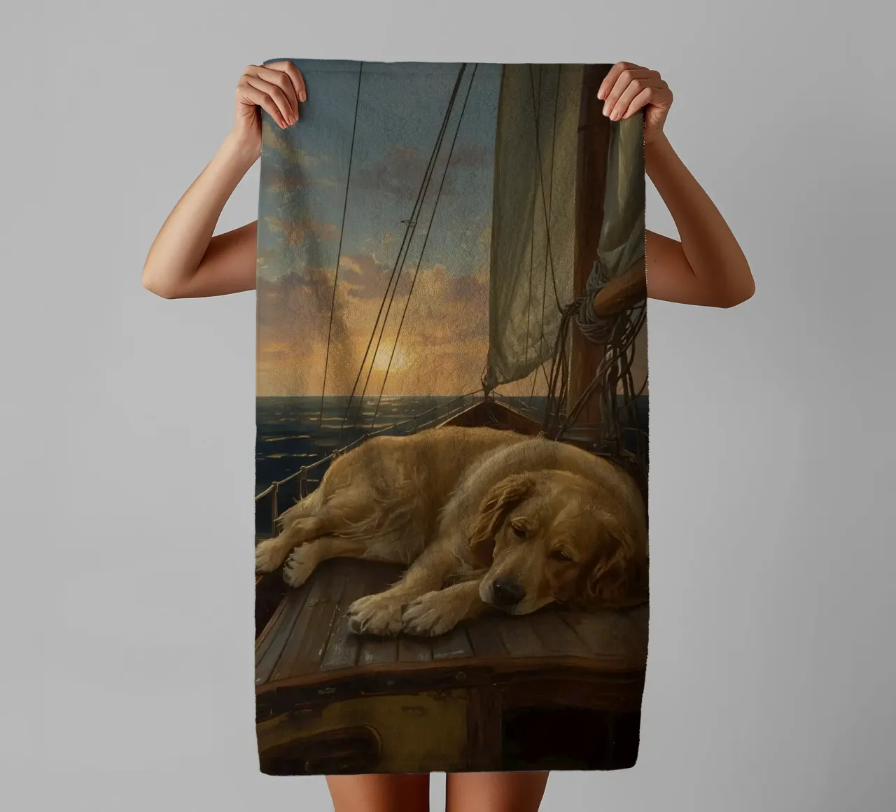 Golden Retriever ruht sich auf einem Segelboot aus, während ein Delphin springt Handtuch von DesignDoodle