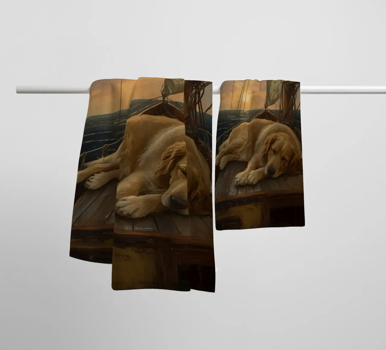 Golden Retriever ruht sich auf einem Segelboot aus, während ein Delphin springt Handtuch von DesignDoodle