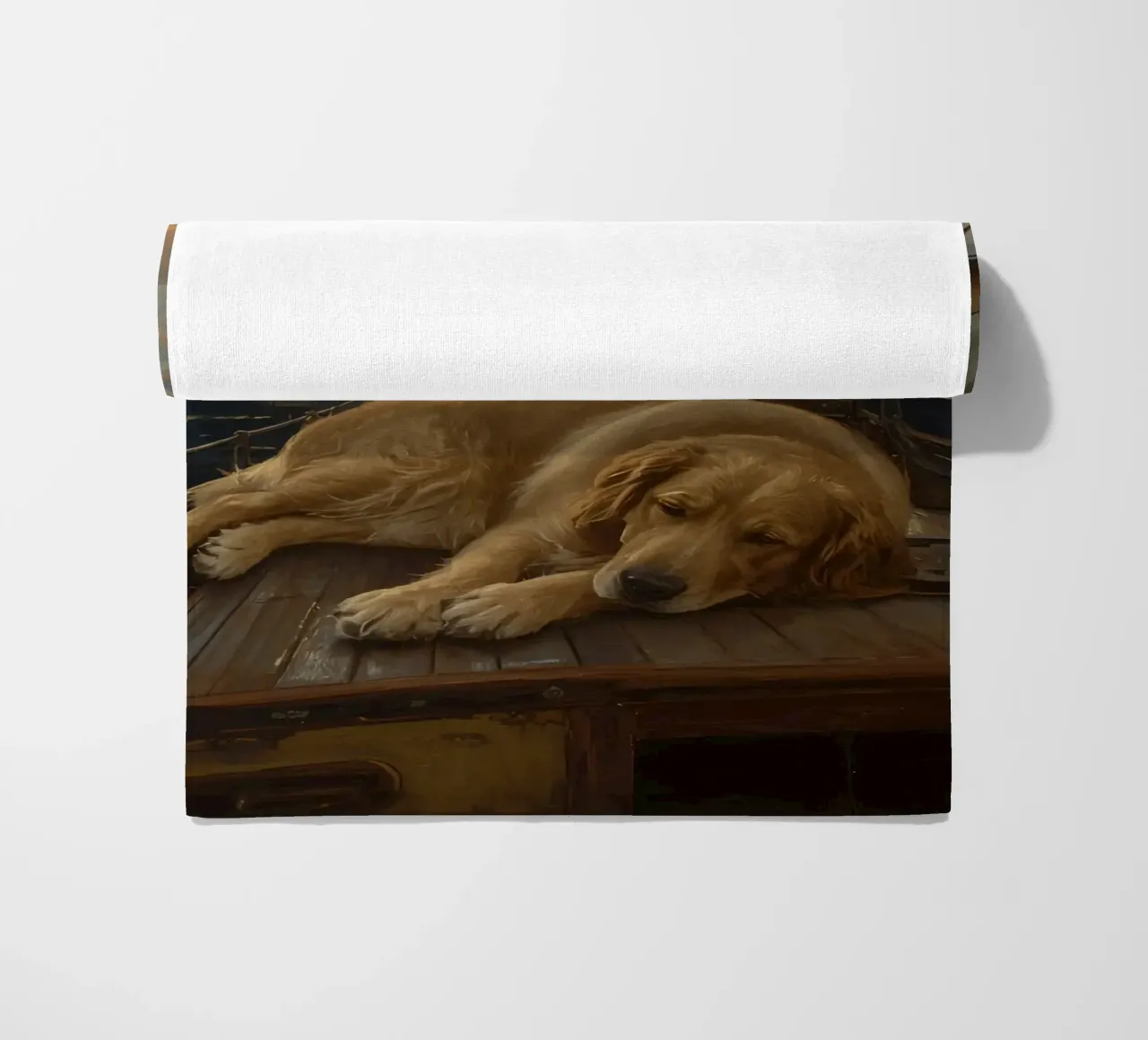 Golden retriever rust uit op een zeilboot terwijl een dolfijn springt strandhanddoek van DesignDoodle