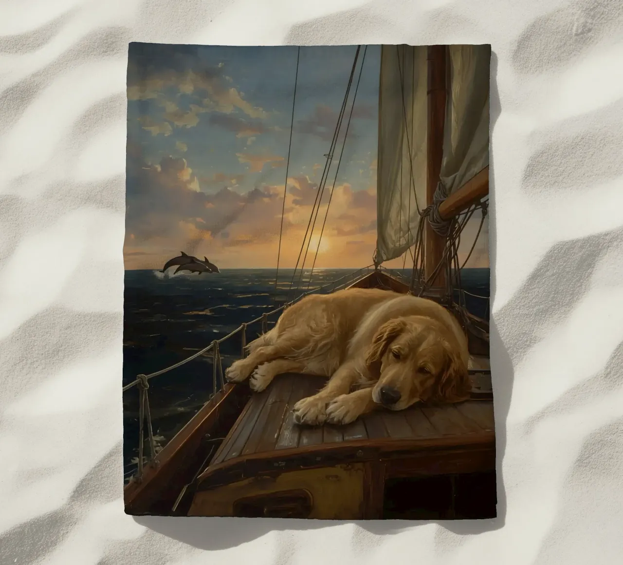 Golden retriever rust uit op een zeilboot terwijl een dolfijn springt strandhanddoek van DesignDoodle