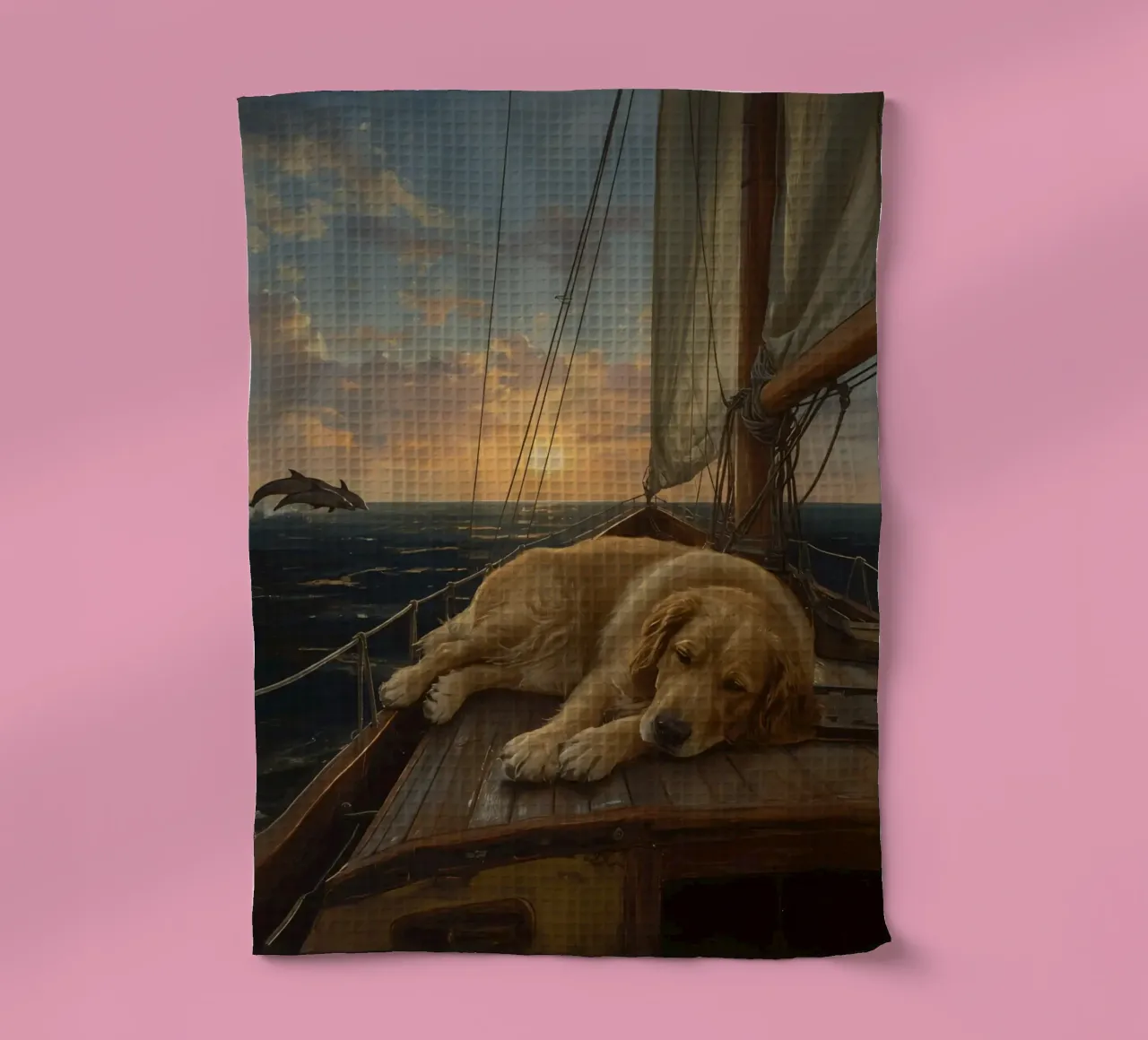 Un Golden retriever se repose sur un voilier alors qu'un dauphin bondit. torchon de DesignDoodle