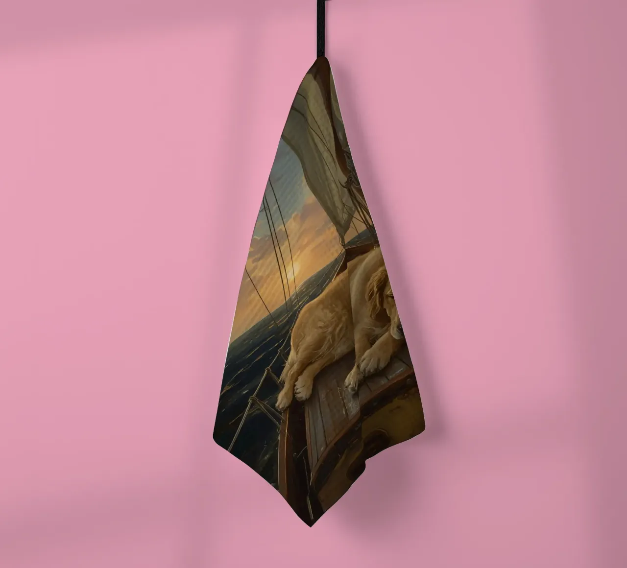 Un Golden retriever se repose sur un voilier alors qu'un dauphin bondit. torchon de DesignDoodle