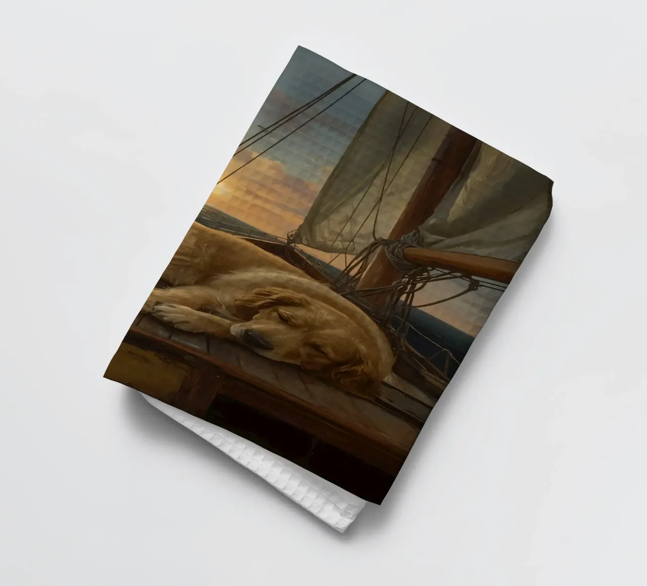 Un Golden retriever se repose sur un voilier alors qu'un dauphin bondit. torchon de DesignDoodle
