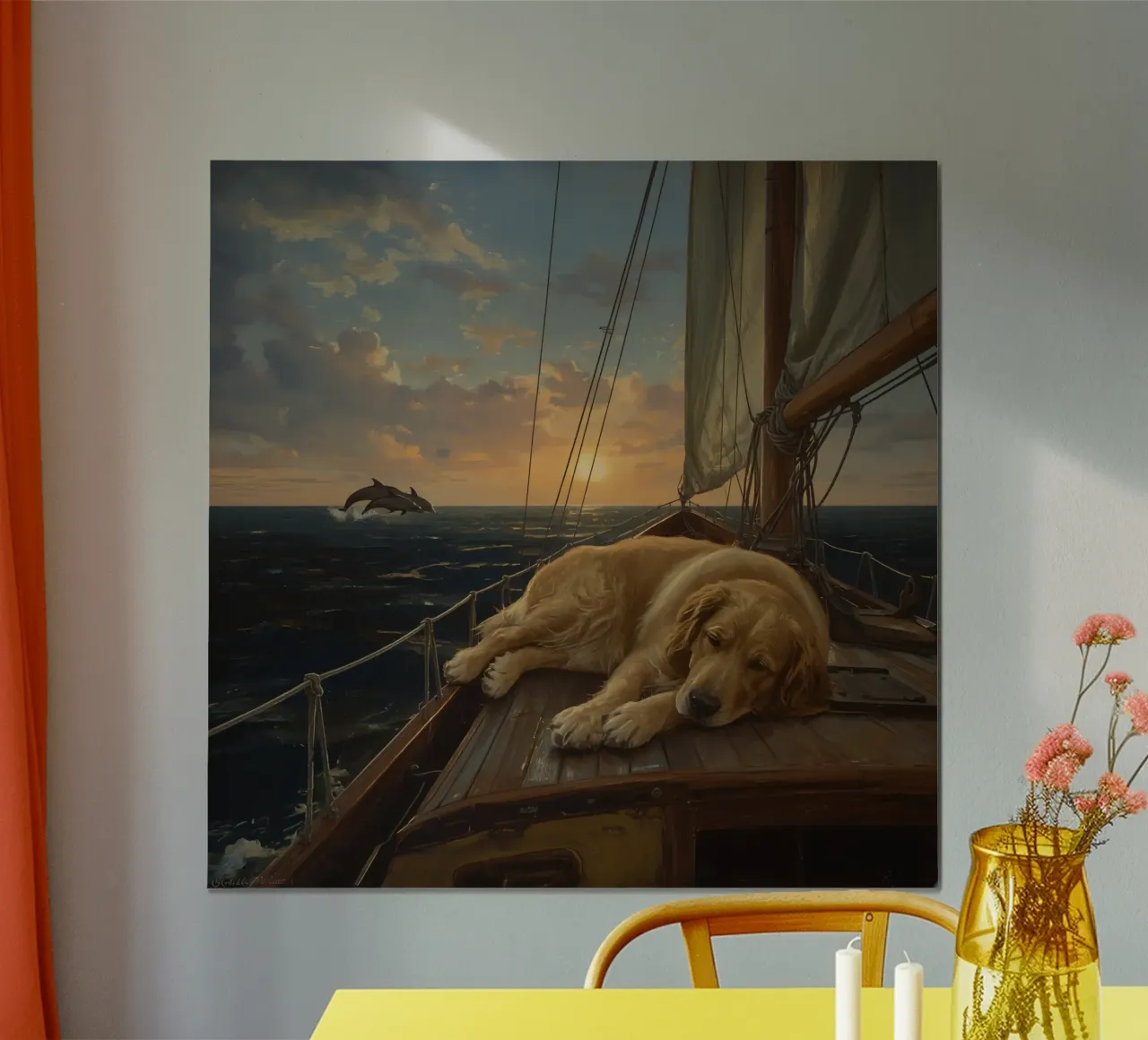Golden Retriever ruht sich auf einem Segelboot aus, während ein Delphin springt Hahnemühle von DesignDoodle