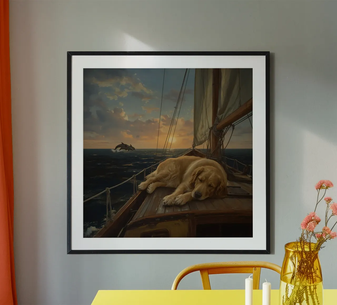 Golden Retriever ruht sich auf einem Segelboot aus, während ein Delphin springt Hahnemühle von DesignDoodle