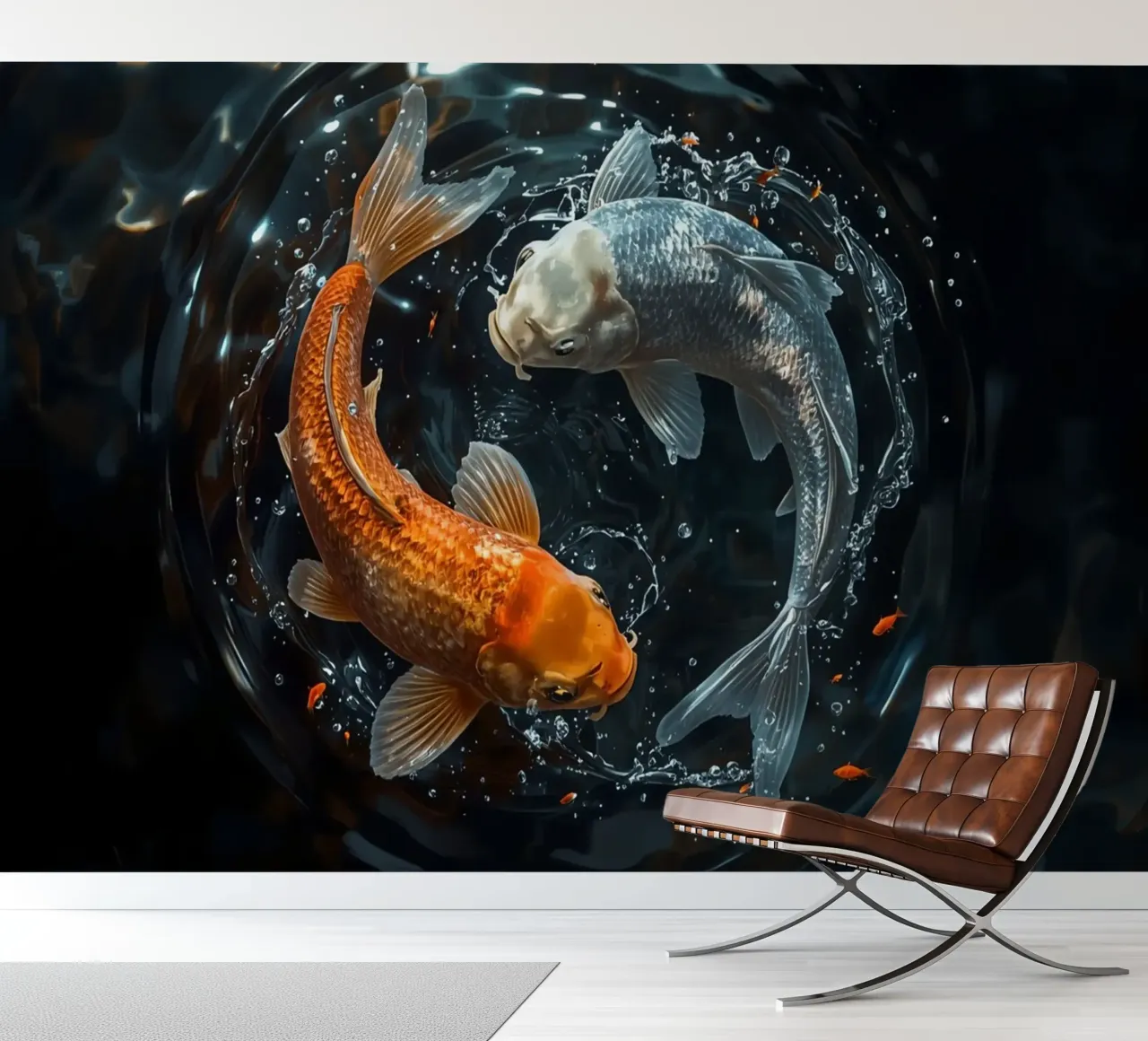 Dos peces koi nadando en movimiento ying yaang creando ondas papel para pared de DesignDoodle