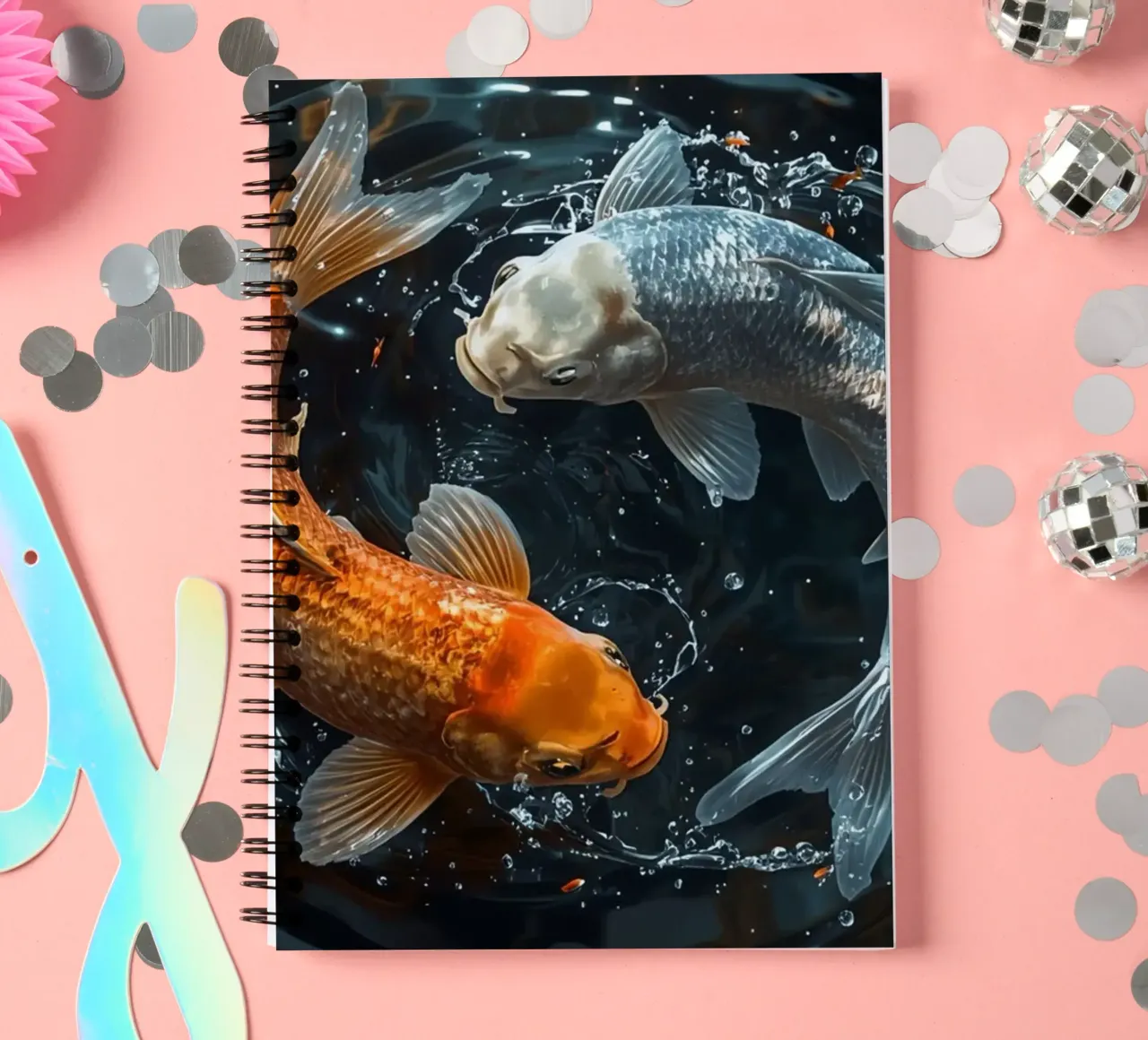Two koi fish swimming in ying yaang motion creating ripples spiral notebook by DesignDoodle