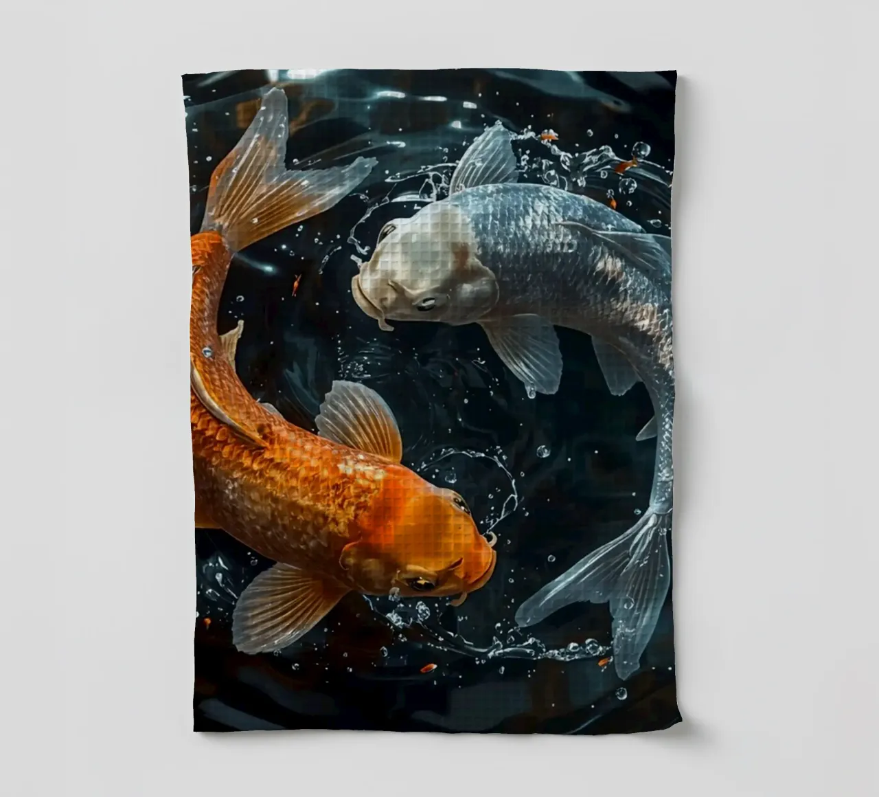 Two koi fish swimming in ying yaang motion creating ripples tea towel by DesignDoodle