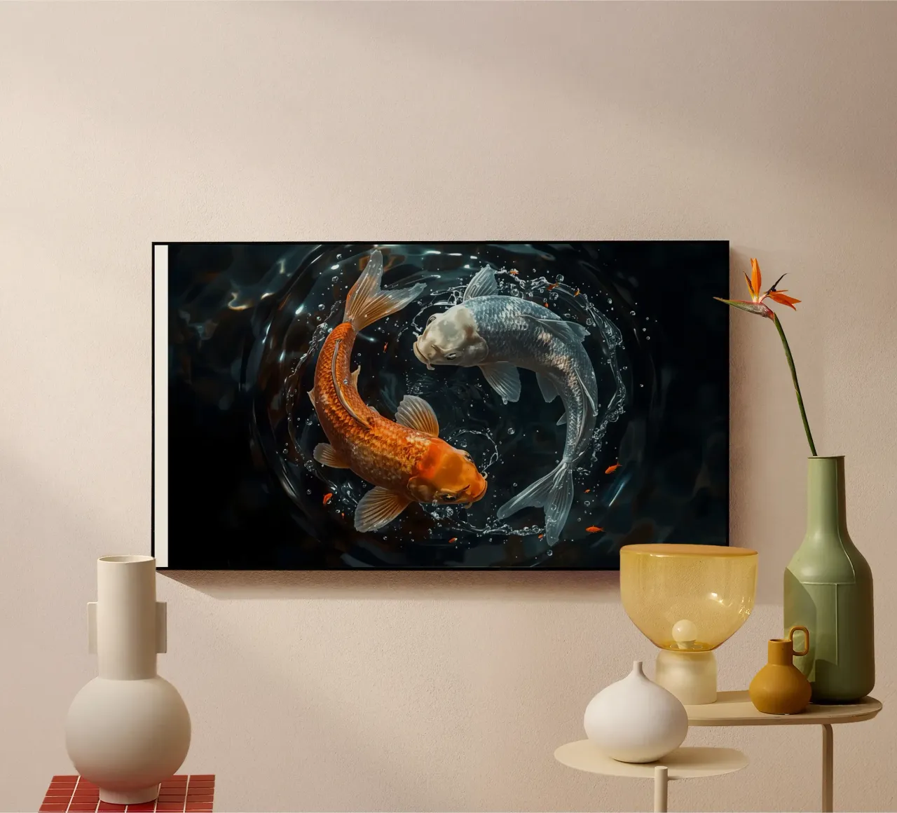 Dos peces koi nadando en movimiento ying yaang creando ondas metacrilato de DesignDoodle