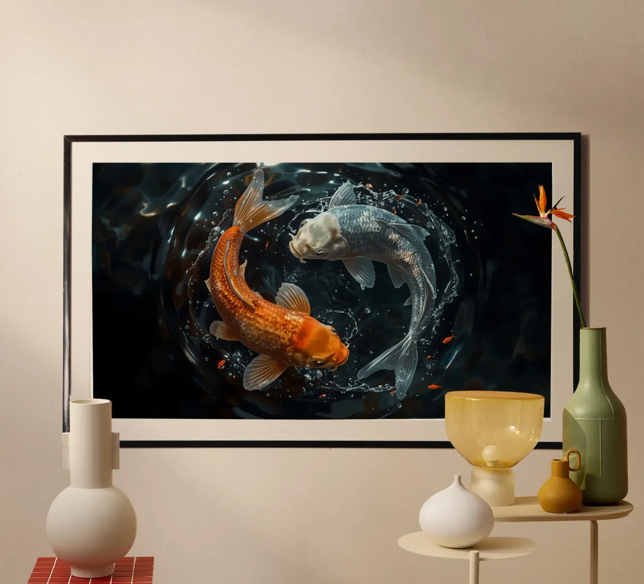 Dos peces koi nadando en movimiento ying yaang creando ondas hahnemühle de DesignDoodle