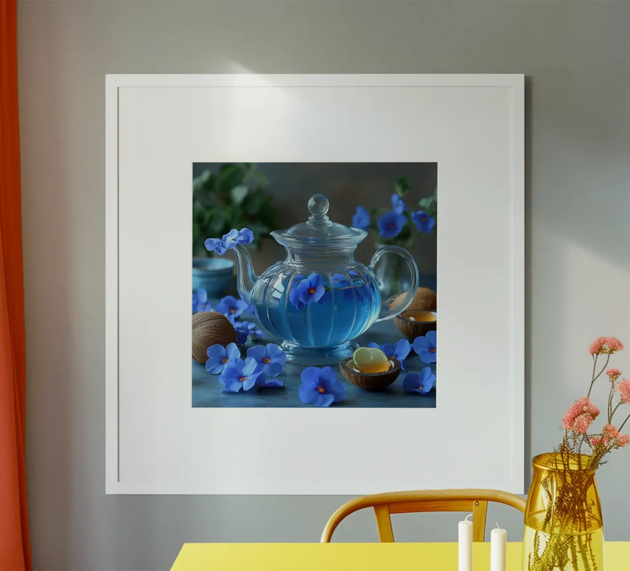 Elisir floreale blu poster con telaio in alluminio da StillVibe Home