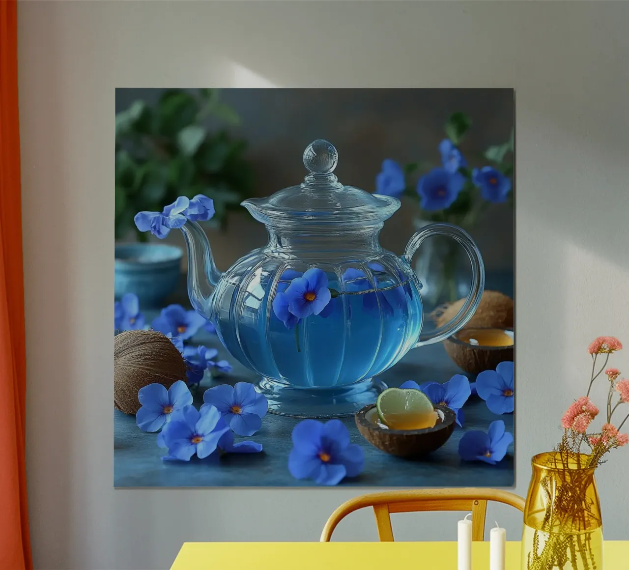Elisir floreale blu poster con telaio in alluminio da StillVibe Home