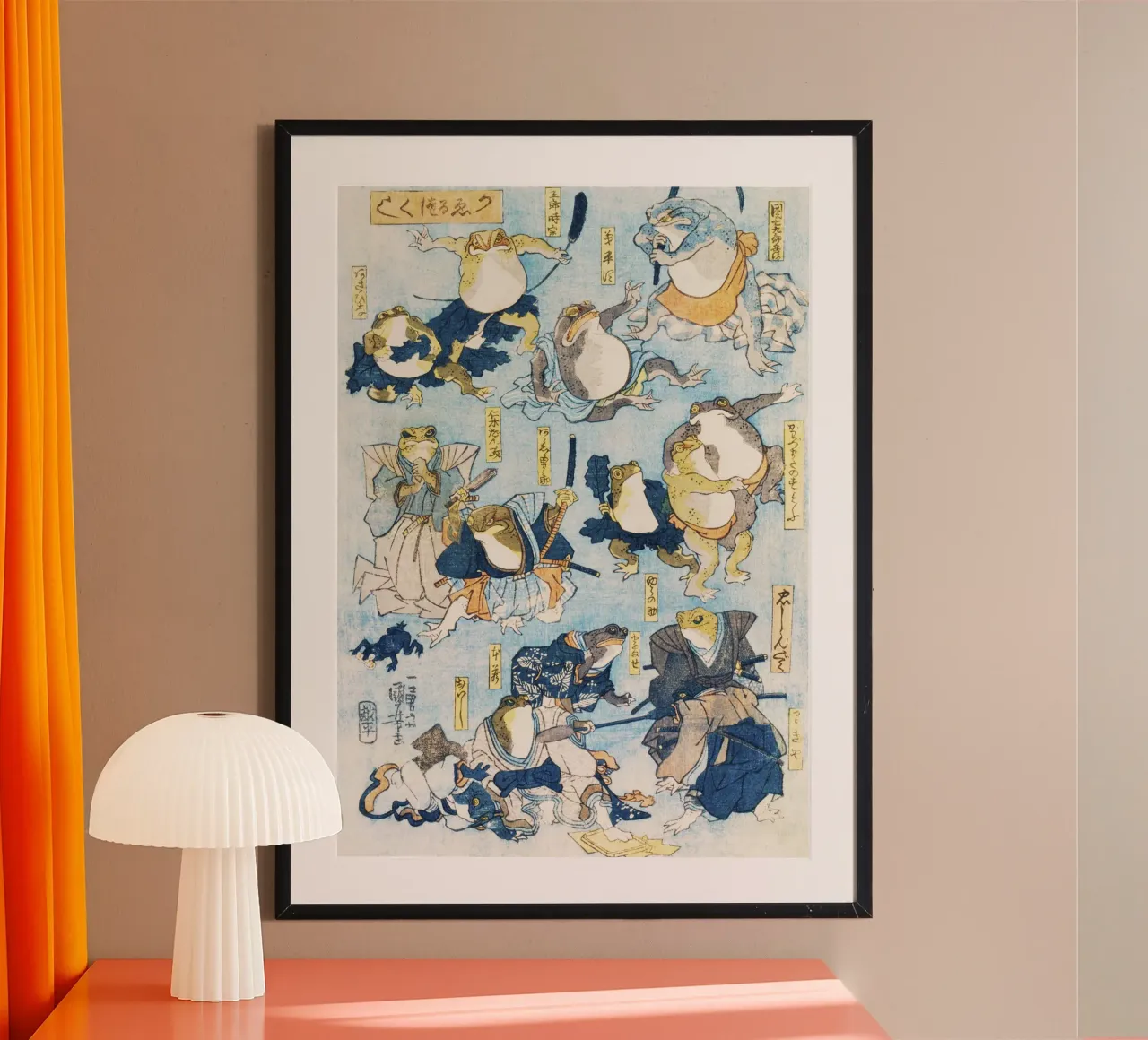 Eroi del palcoscenico kabuki interpretati da rane di Kuniyoshi poster da Venus Art