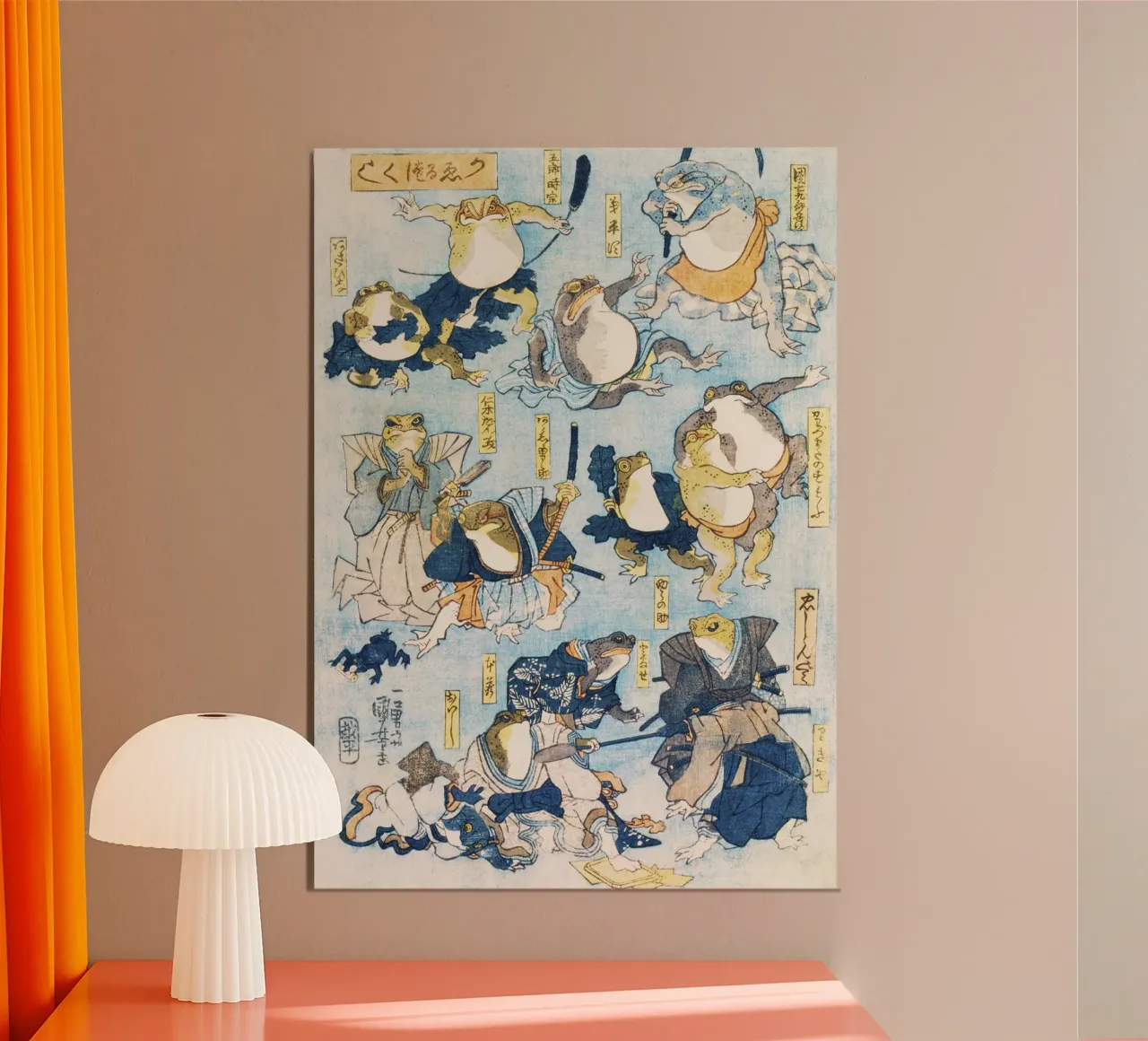 Eroi del palcoscenico kabuki interpretati da rane di Kuniyoshi poster da Venus Art