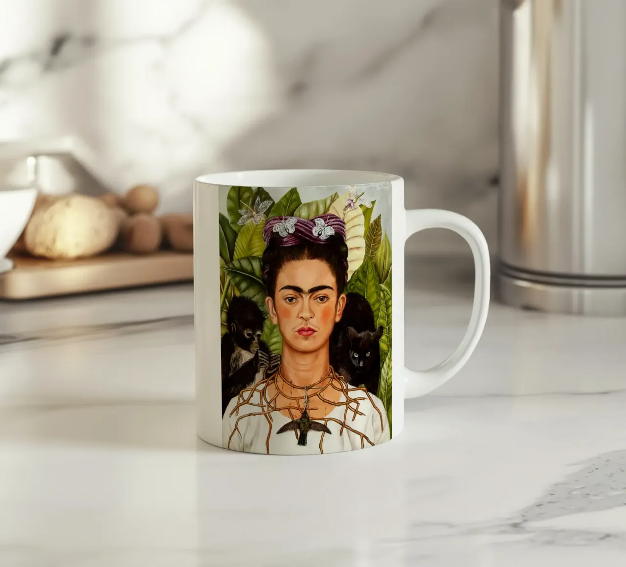 Self-Portrait wThorn Necklace and Hummingbird by Frida Khalo ceramic mug by Venus Art
