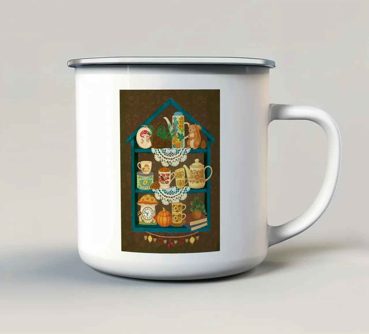 Storia dello scaffale del nucleo del cottage tazza in smalto da Taika Tori Art