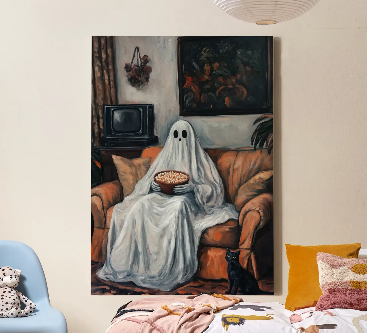 Halloween Ghost Watching TV with Popcorn canvas with Floater frame by Fleur de Lys