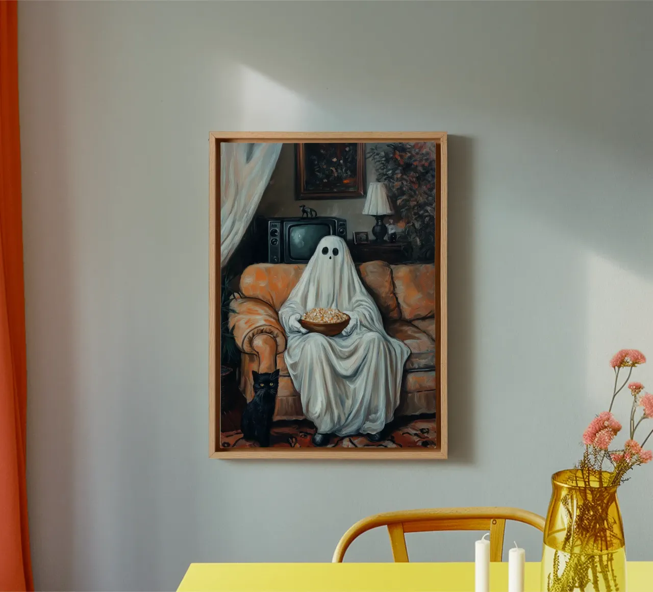 Halloween Ghost Watching TV with Popcorn canvas with Floater frame by Fleur de Lys