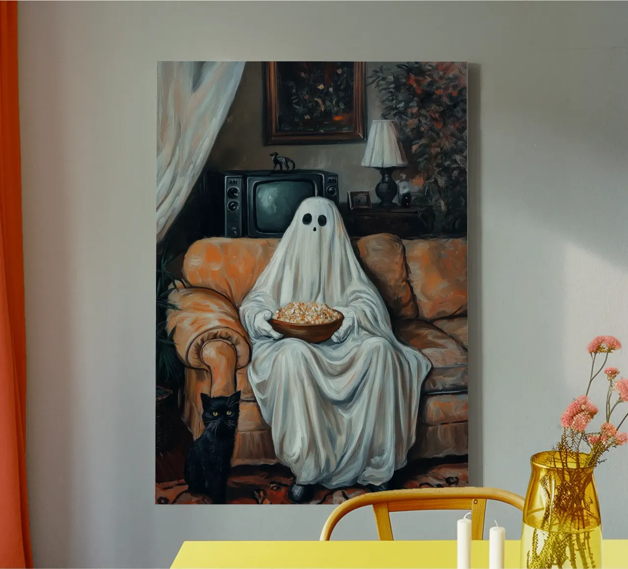 Halloween Ghost Watching TV with Popcorn canvas with Floater frame by Fleur de Lys
