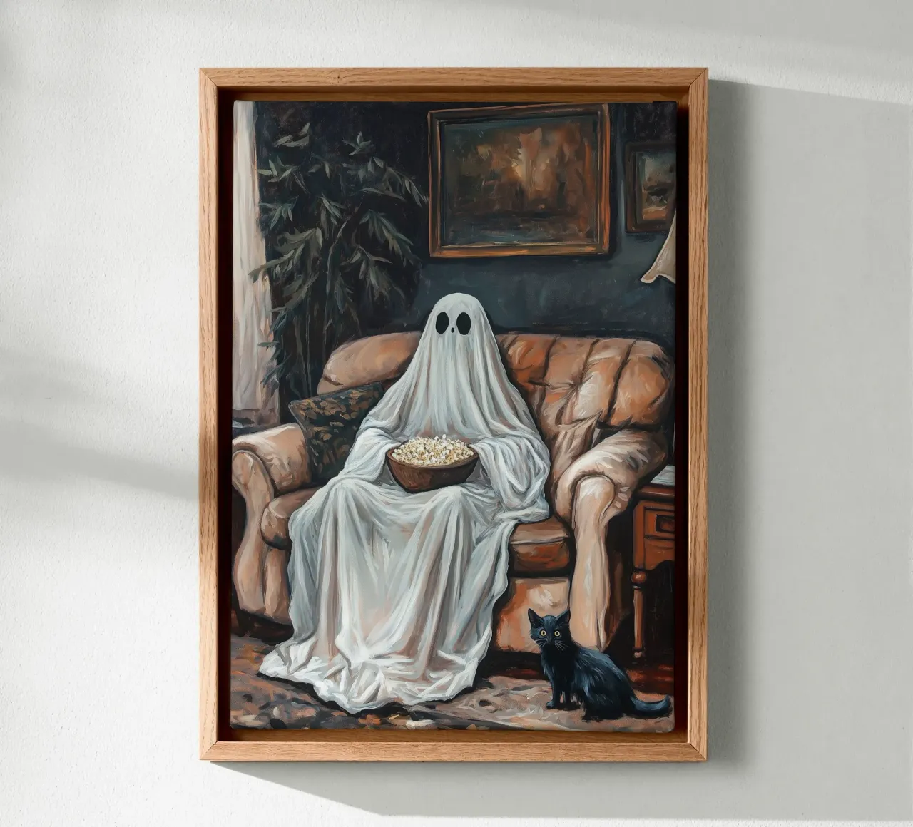 Halloween Ghost Watching TV with Popcorn canvas with Floater frame by Fleur de Lys