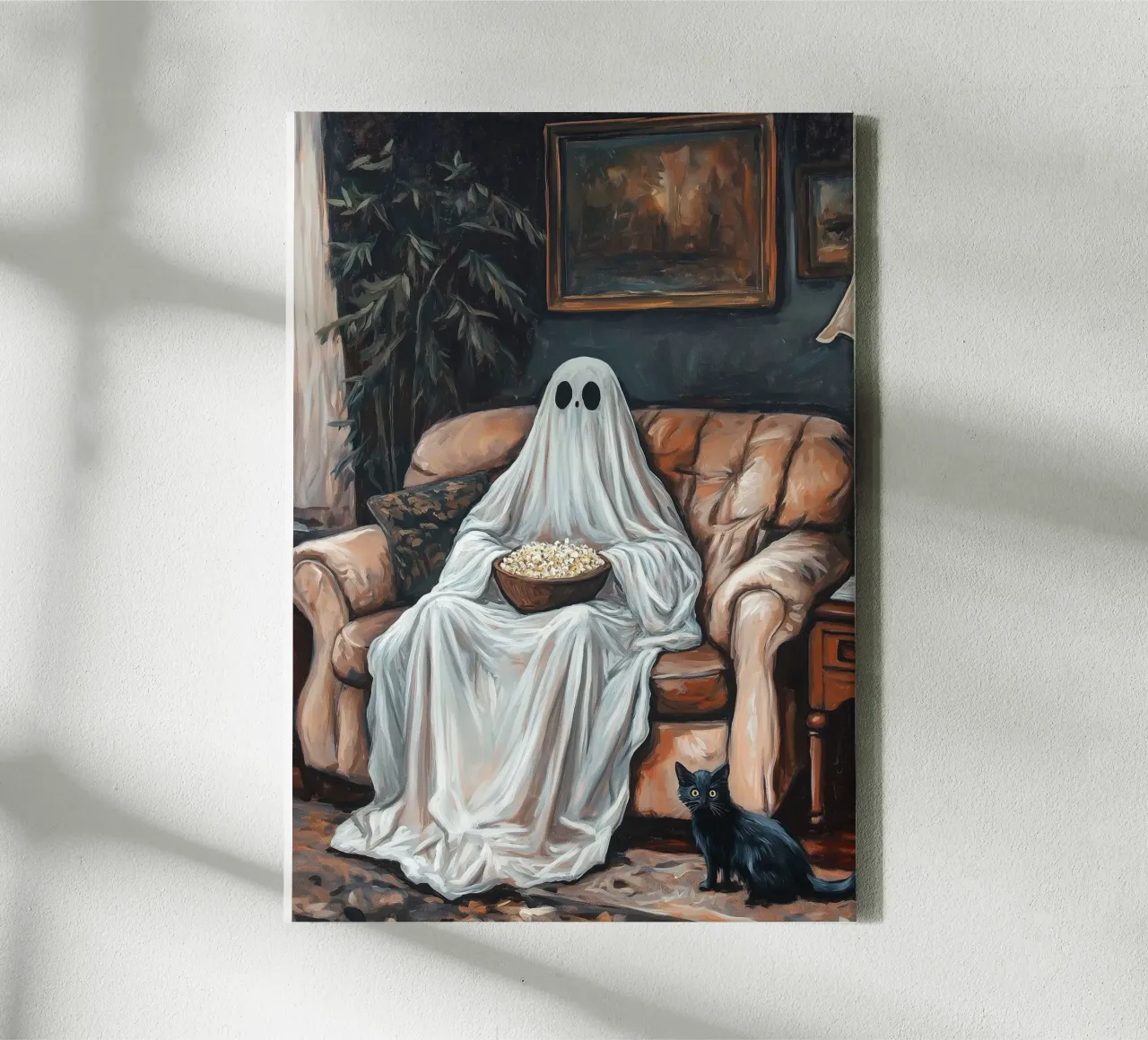 Halloween Ghost Watching TV with Popcorn canvas with Floater frame by Fleur de Lys