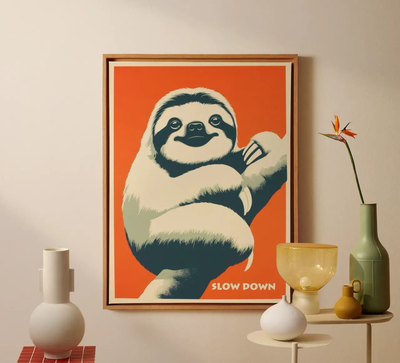 SLOW DOWN | Retro motivational poster with sloth canvas with Floater frame by Autofocus