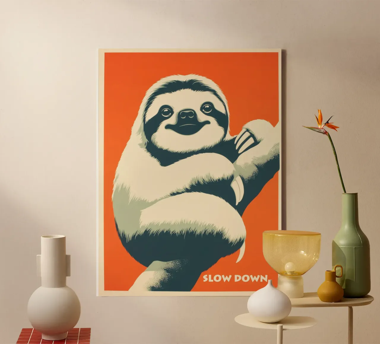 SLOW DOWN | Retro motivational poster with sloth canvas with Floater frame by Autofocus