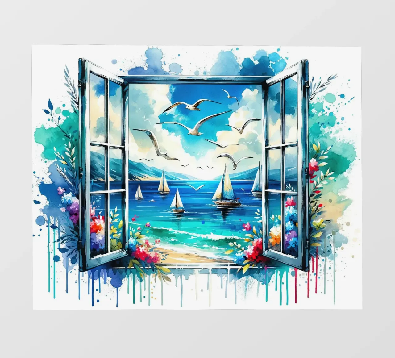 Vue du bord de mer depuis une fenêtre ouverte bâche pvc de Chromatic Fusion Studio