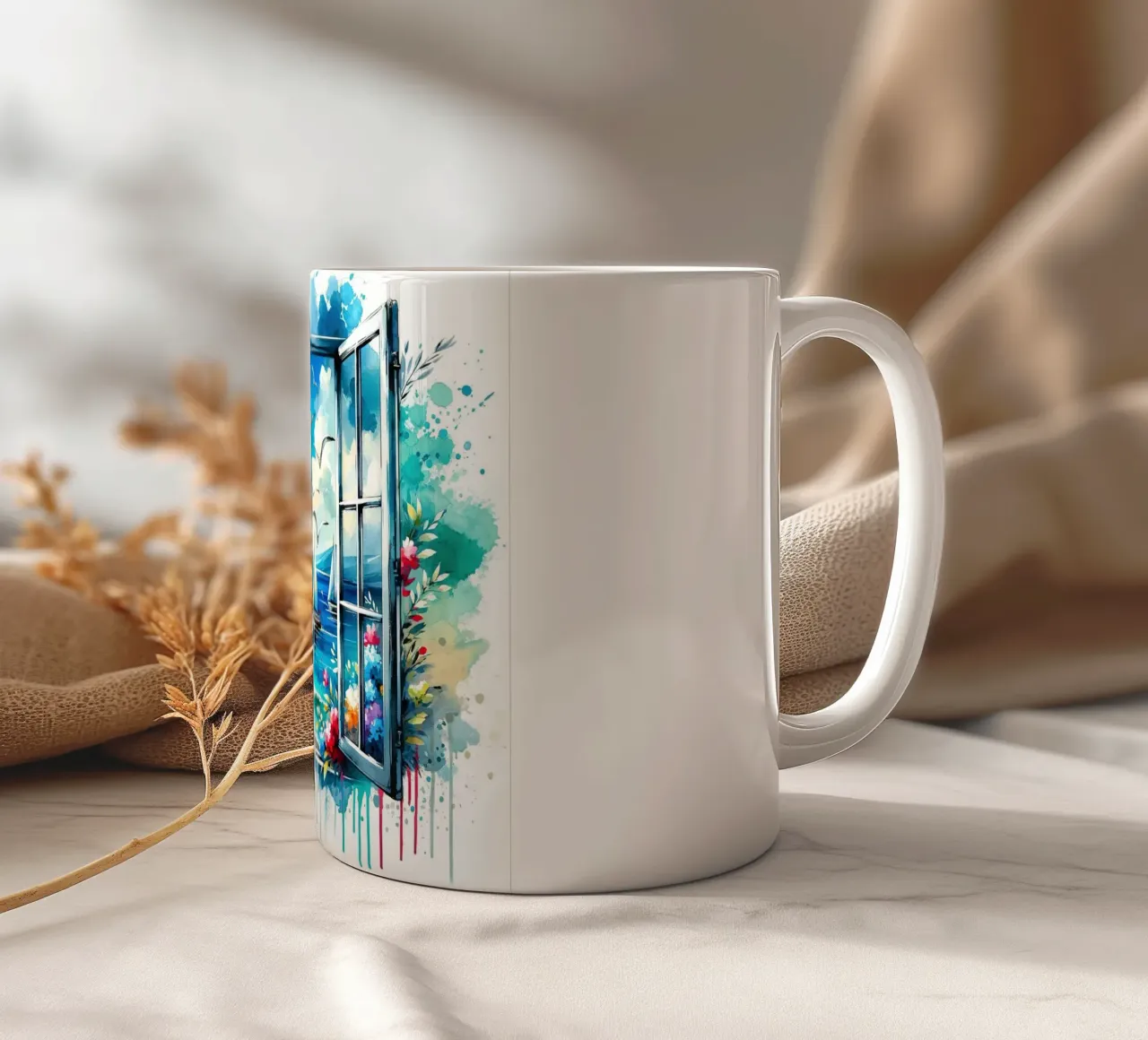 Vue du bord de mer depuis une fenêtre ouverte mug en céramique de Chromatic Fusion Studio