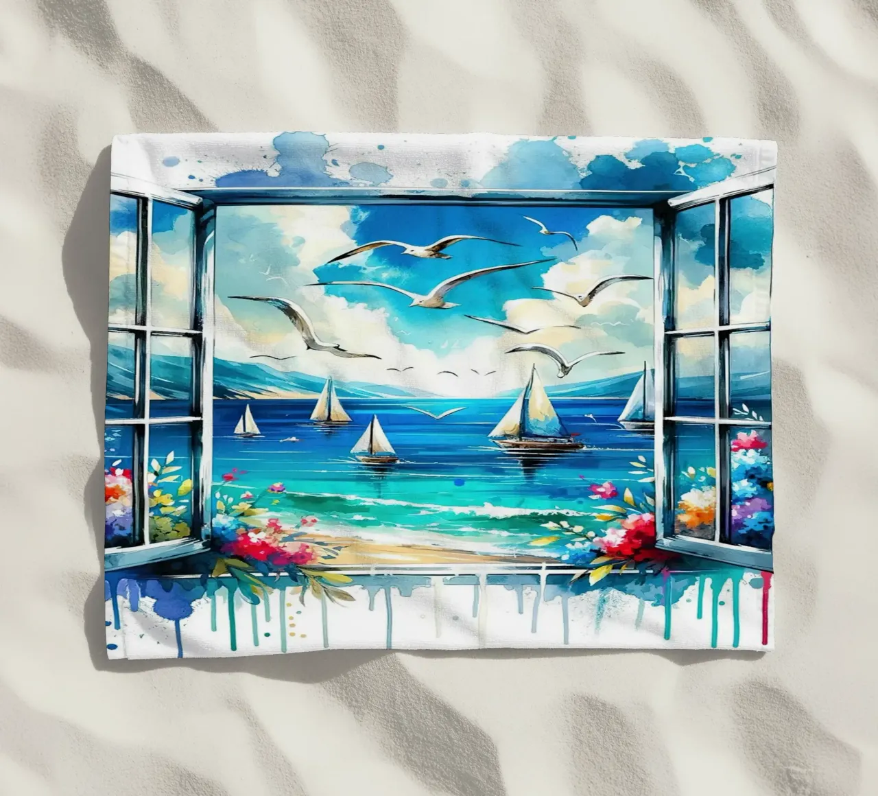 Vue du bord de mer depuis une fenêtre ouverte serviette de plage de Chromatic Fusion Studio
