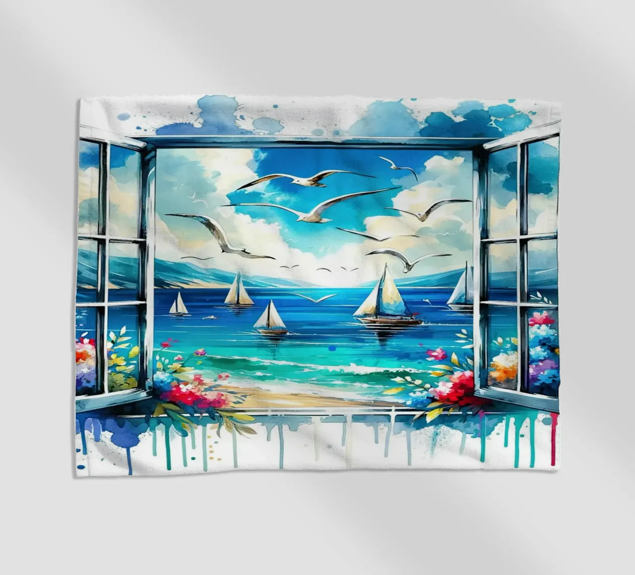 Vue du bord de mer depuis une fenêtre ouverte serviette de plage de Chromatic Fusion Studio